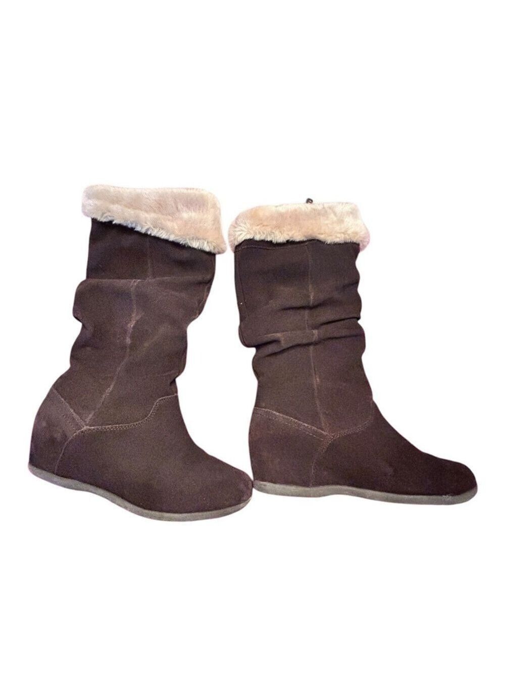 COUGAR FANTASY Brown Suede Tan Faux Fur Cuffs Knee High Wedge Boots Waterproof